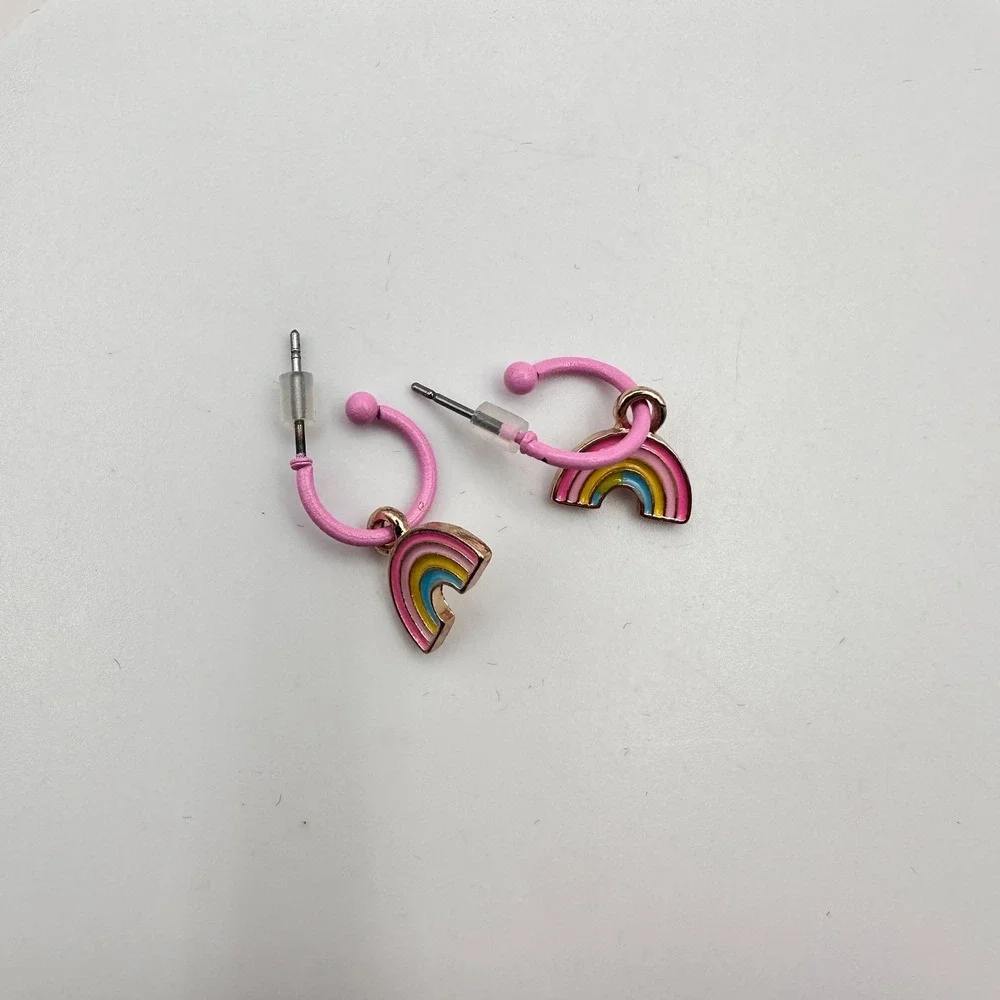 Vintage 90s Rainbow Hoop Earrings Pink Enamel Gold Tone Dangle Fashion Jewelry